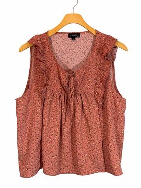 Originality Floral Ruffle Tie-Front Sleeveless Blouse Size L Dark Dusty Rose